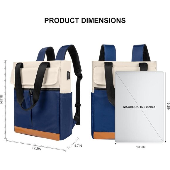 Women Blue Convertible Daypack Laptop Computer Backpack with USB Charging Port